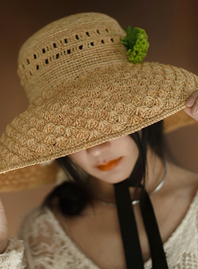 浪漫风手工拉菲草大檐出游遮阳帽