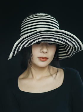 黑条纹亚麻大檐折叠春夏防晒帽
