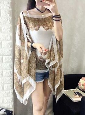 夏季防晒新款复古蕾丝雪纺衫百变披肩斗篷丝巾围巾防晒衣女沙滩巾