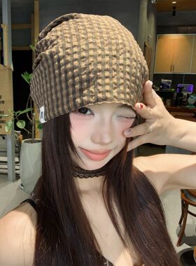 废土风复古格纹包头帽女夏薄款大头围宽松冷帽堆堆帽百搭套头帽子
