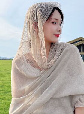 亚麻薄款丝巾蕾丝新款纯色围巾旅游柔软防晒丝巾披肩两用春秋夏女
