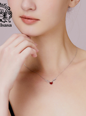 皇家莎莎s925银小红心项链爱心鹿角锁骨链一路有你简约情人节礼物