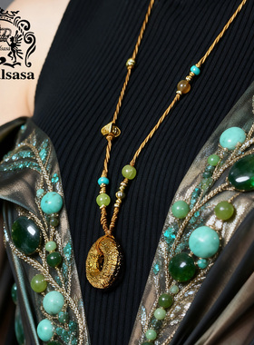 皇家莎莎新中式编织绳项链百福平安扣吊坠时尚金色长款毛衣链吊坠