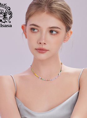 皇家莎莎彩色串珠项链贝珠颈链细款民族风简约锁骨链时尚配饰品女