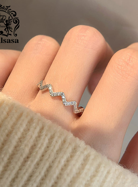 皇家莎莎S925银仿水晶戒指波浪素圈可调节指环戒子手饰品女