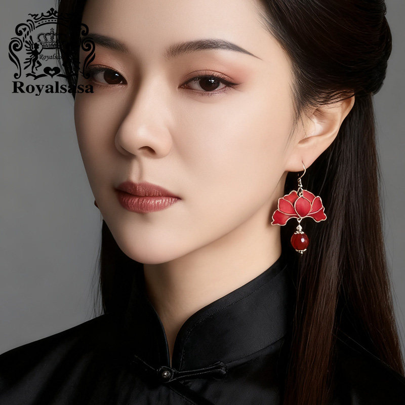 皇家莎莎手工掐丝绒花叶片耳饰红蓝莲花复古中式古典耳坠旗袍国风,淘宝优惠券,粉丝福利购,淘宝优惠卷