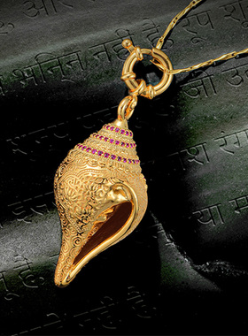S925纯银镀金吊坠藏式海螺镶宝石项坠吉祥如意雕花男女挂坠卡扣