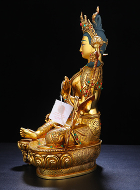 尼泊尔进口绿度母手工鎏金摆件