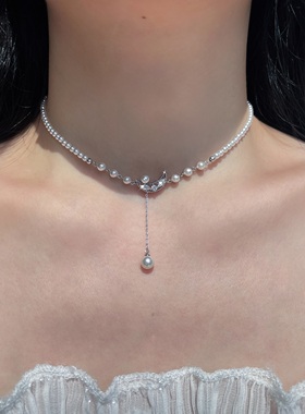 不掉色纯银珍珠choker锁骨链遮疤