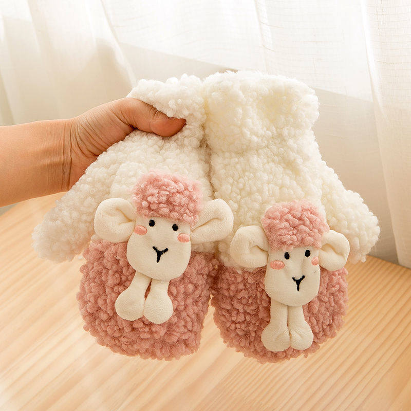 韩版可爱加绒加厚羊羔卡通冬季学生保暖挂脖ins棉包指女连指手套,淘宝优惠券,粉丝福利购,淘宝优惠卷