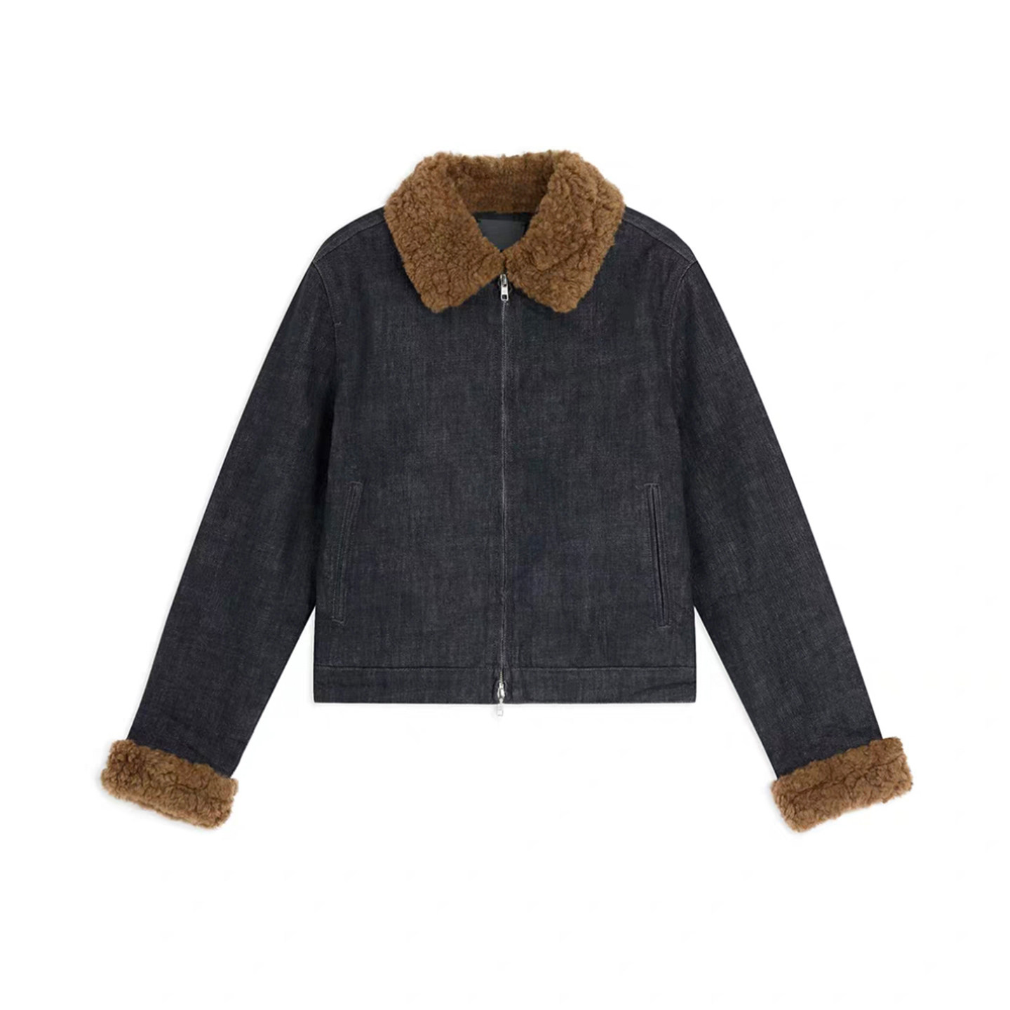 【现货】a*t丹宁拼接棉混纺黄色格纹短款H版型牛仔拼毛翻领外套女,淘宝优惠券,粉丝福利购,淘宝优惠卷