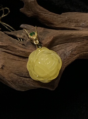 天然蜜蜡色吊坠女款玫瑰花项链毛衣链锁骨链送女友礼物18k扣头