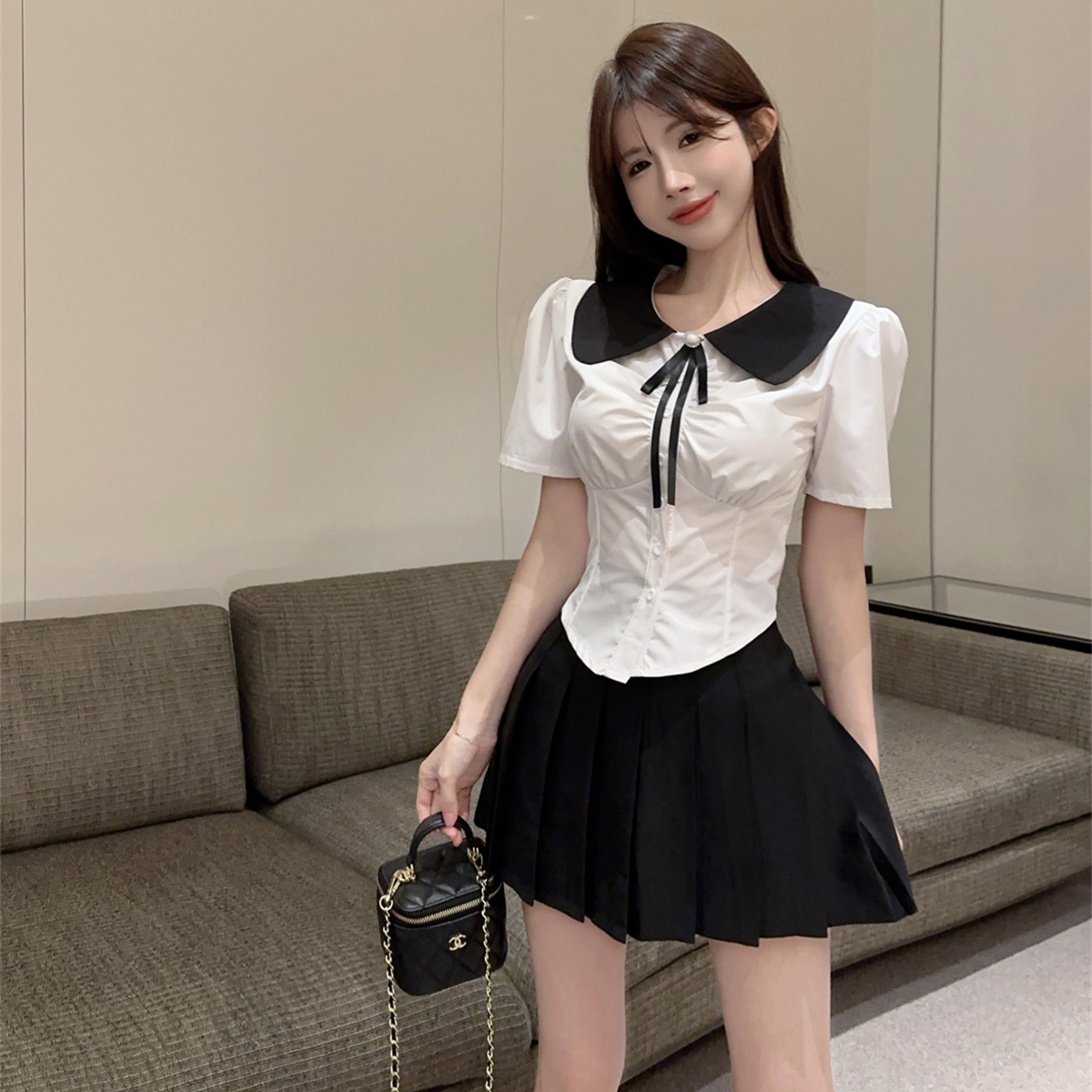 夏季学院风撞色娃娃领衬衫女设计感小众jk制服修身白衬衣短袖上衣 - 图3