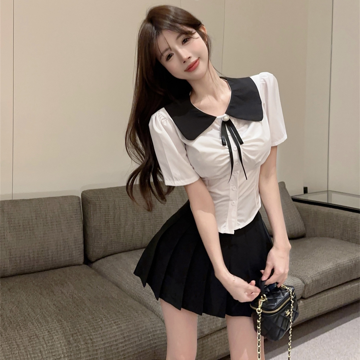 夏季学院风撞色娃娃领衬衫女设计感小众jk制服修身白衬衣短袖上衣 - 图1