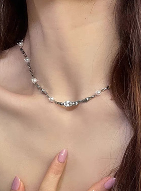 小众设计感不规则金属珍珠项链女韩国个性简约百搭气质颈链锁骨链