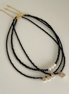 感黑色水晶锆钻珍珠吊坠项链女设计感小众复古个性颈链锁骨链