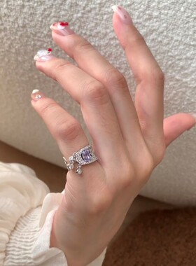 中古风紫色锆石水滴流苏开口戒指女轻奢复古优雅时尚百搭指环戒子
