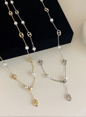 长款猪鼻子金属珍珠项链女设计感小众复古个性简约百搭颈链毛衣链