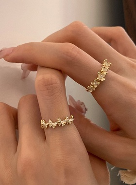 锆石滴油金属蝴蝶花朵开口戒指套装女设计感小众复古个性百搭指环