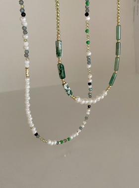 双层绿色天然石珍珠项链女韩国小众复古个性百搭气质颈链锁骨链