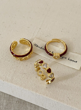 安可拉红滴油爱心金属开口戒指女法式复古个性简约百搭指环戒子