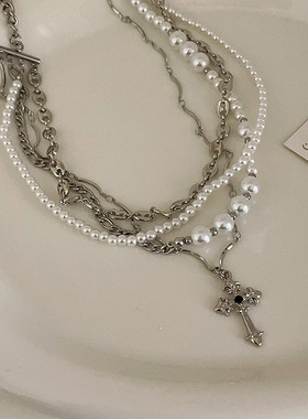 夸张个性多层珍珠十字架项链女复古优雅时尚百搭颈链锁骨链