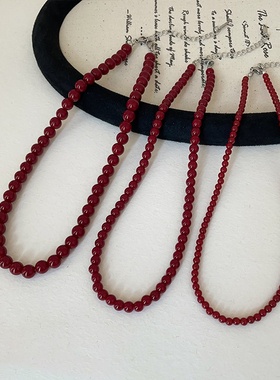 安可拉红色珍珠串珠项链女2024秋冬新款复古轻奢百搭颈链锁骨链