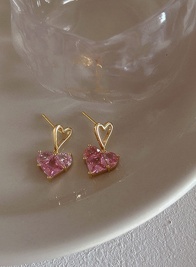 甜美可爱粉色锆石爱心耳钉项链女韩国个性简约百搭气质耳环耳饰