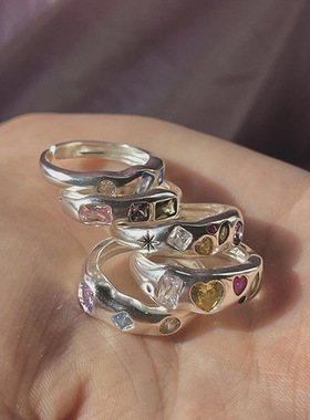 不规则哑光金属彩色锆石爱心戒指女小众复古个性简约百搭气质指环