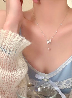 气质锆石蝴蝶珍珠流苏项链女小众感轻奢时尚百搭颈链锁骨链