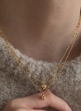 锆石金属爱心星星吊坠项链女小众复古个性百搭简约气质颈链锁骨链