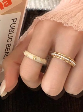 小众设计感滴油金属珍珠开口戒指女复古个性简约百搭气质指环戒子