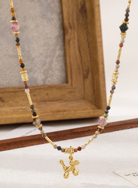 气球小狗吊坠设计天然碧玺串珠项链轻奢复古气质不易掉色锁骨