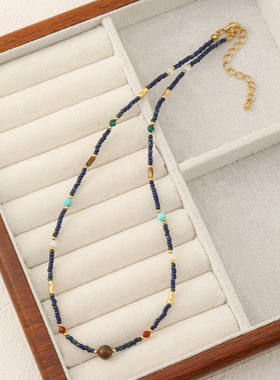 深海回忆 天然石串珠项链女小众设计蓝色进口米珠复古显白锁骨链