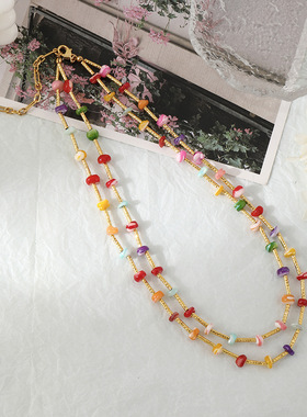 GARY工作室日韩小众设计小清新贝壳串珠双层叠戴项链彩色波西米亚