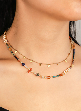 新款波西米亚多宝轻奢蓝绿青金捷克珠项链复古小众贝壳串珠锁骨