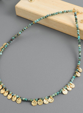 欧美跨境复古绿色非洲松石锁骨链小众设计感圆片女士项链