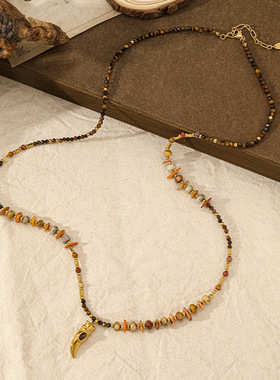 荒野号角 复古虎眼石串珠项链女波西米亚风秋冬毛衣链轻奢感