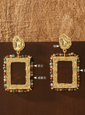 lishan古镜画框方形手工天然石串珠耳坠复古轻奢感波西米亚风耳饰