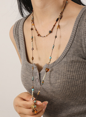 秋冬新款琥珀流光虎眼石天然石编织长毛衣链复古精致小象叠戴