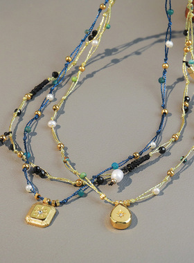 欧美跨境民族风非洲松石项链小众设计不锈钢保色桃心吊坠锁骨链