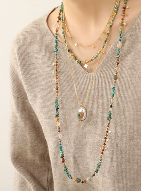 复古多层叠戴巴洛克珍珠项链非洲松天然石串珠新中式高级感毛衣链