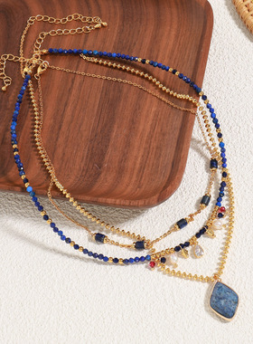 新款高级感天然石手工串珠锁骨链黄铜镀金不掉色菱形镶砖项链