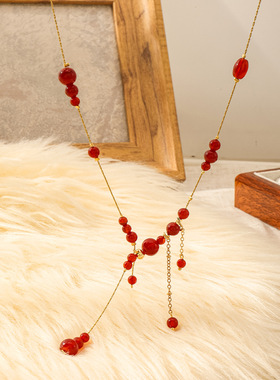 新年 金球红珠显白项链流苏吊坠百搭复古毛衣链气质感项饰女