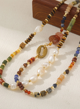 新中式复古彩色天然石项链小众感虎眼石淡水珍珠轻奢锁骨链女