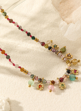 春夏新款度假风小众多宝石彩色项链小花锁骨链设计多巴胺配饰