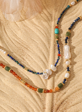 敦煌风天然青金石串珠项链 异形淡水珍珠锁骨链异域风情饰品女款