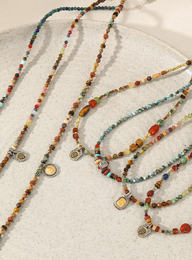 定制复古民族风撞色天然石串珠项链小众个性925银几何吊坠锁骨链