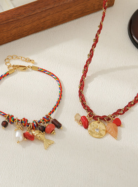 珊瑚吊坠幸运手工编织项链女红手绳法式复古小众设计红东凌锁骨