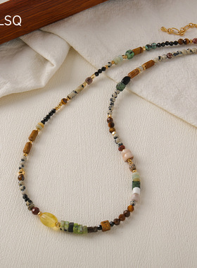 敦煌天然虎眼石吊坠图画石串珠项链新中式复古锁骨链颈链爆款